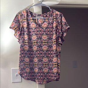 LOFT Pink and Blue Flutter Sleeve Blouse with Ruffled Details